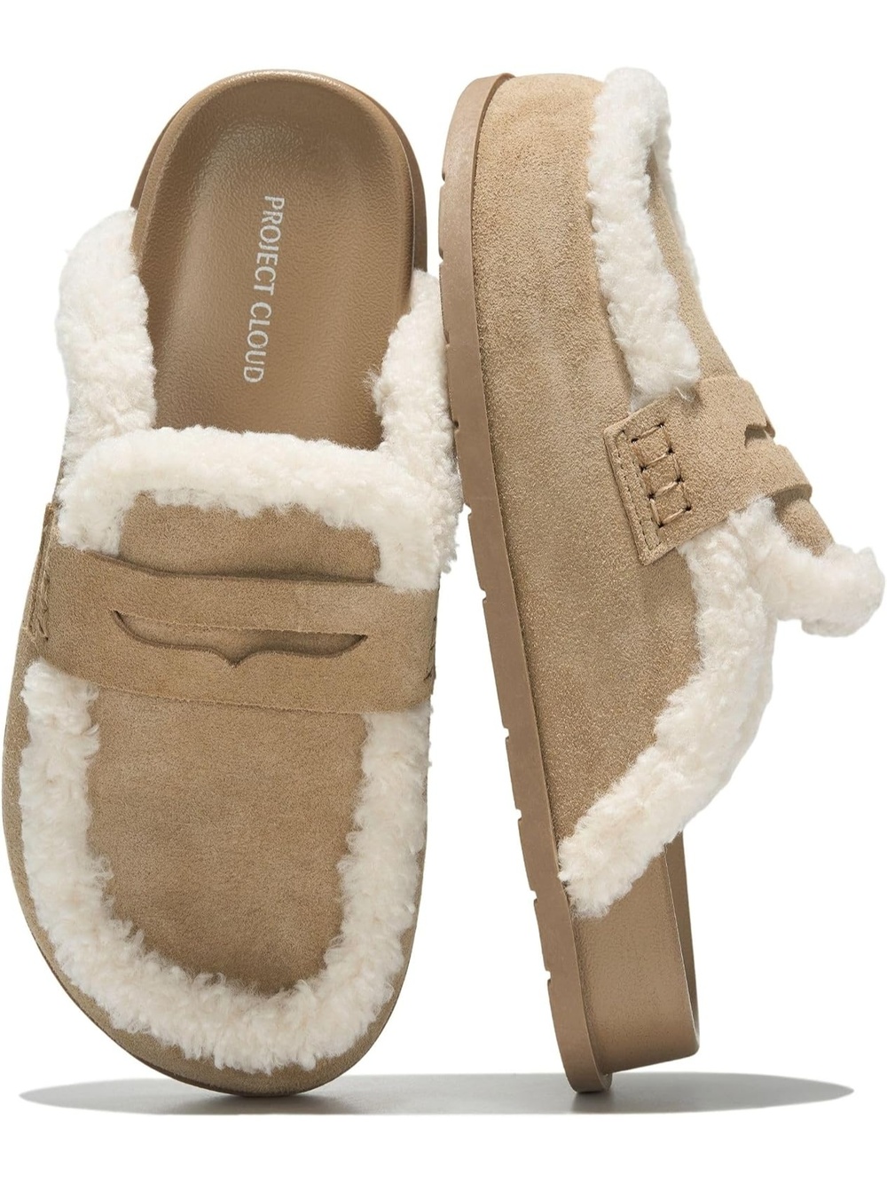 🆕 Womens Tan Suede Slipper Loafers Warm Faux Fur Lined Comfort House Shoes